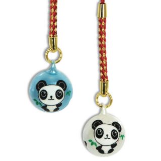 Set Of 2 Japanese Bamboo Panda Keychain Phone Bell Charm Netsuke,  Made In Japan