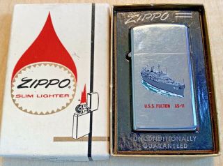 1965 Zippo Slim Lighter Uss Fulton As - 11 U.  S.  Navy Submarine Tender Vietnam Era