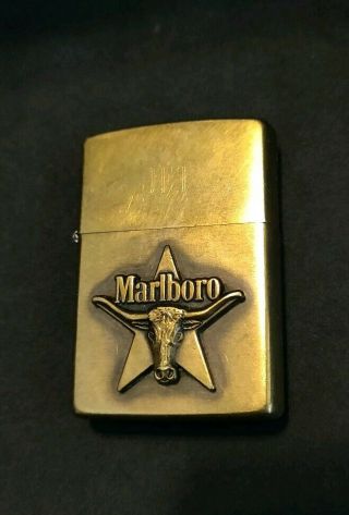 1992 Zippo Marlboro Star And Longhorn Steer Brass Advertising Lighter Rare