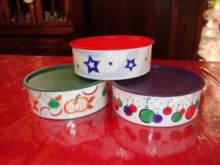 3 Tupperware One Touch Canisters Patriotic Summer Christmas Ornament & Fall Set