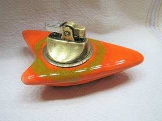 Vtg Usa Pottery Table Lighter Orange & Green Atomic Mid Century Japan Brass