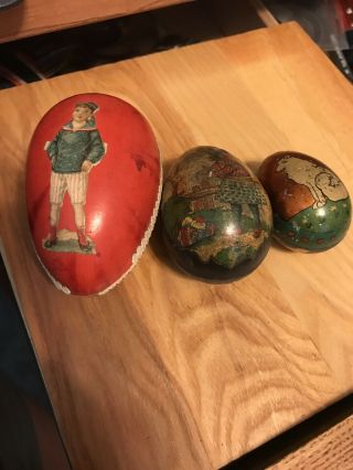 2 Circa 1900 Metal Easter Egg Candy Containers 1 Paper Mache