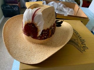 American Hat Co.  Vintage Straw Cowboy Hat 7 1/4 With Feather Trim