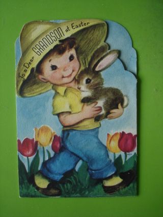 Vtg.  Rust Craft Easter Card - Grandson - Cute Boy Carrying A Bunny - Die - Cut - M.  Cooper