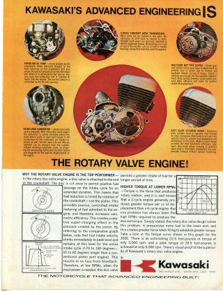 1971 Kawasaki Advanced Engineering Rotary Valve Motorcycle Engine Print Ad