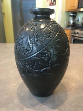 Black Clay Oaxaca Pottery Incised Design Vase Mexican Folk Art
