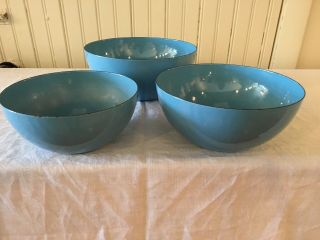 Cathrineholm Norway Solid Blue Enamelware Bowls Set Of Three 8”,  7”,  And 6 1/4”