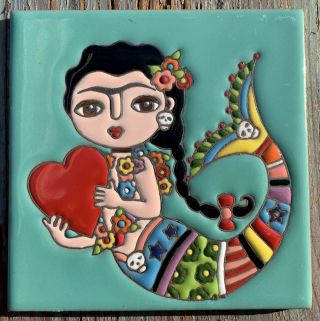 1 Day Of The Dead 6 " Tile Frida Mermaid Turquoise Hi Relief Hearts Tail,  Gift