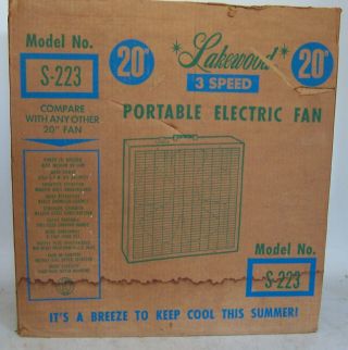 Vintage S - 223 Lakewood 20 Inch Box Fan 3 Speed with Metal Frame & Box 6
