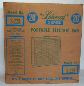 Vintage S - 223 Lakewood 20 Inch Box Fan 3 Speed with Metal Frame & Box 7