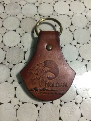Vintage Molokai Sunset Poi Pounder Shaped Leather Keychain Made In Hawaii