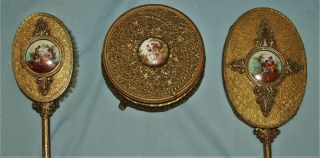 Vintage Gold Gilded Filigree Vanity Hand Mirror Brush Powder Jar Trinket