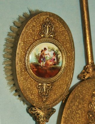Vintage Gold Gilded Filigree Vanity Hand Mirror Brush Powder Jar Trinket 4