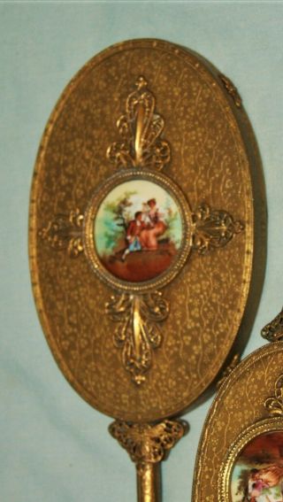 Vintage Gold Gilded Filigree Vanity Hand Mirror Brush Powder Jar Trinket 5