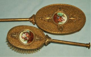 Vintage Gold Gilded Filigree Vanity Hand Mirror Brush Powder Jar Trinket 6