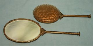 Vintage Gold Gilded Filigree Vanity Hand Mirror Brush Powder Jar Trinket 7