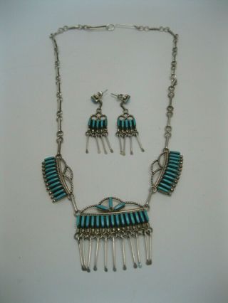 J & V Locaspino Zuni Silver & Needlepoint Turquoise Necklace & Earring Set