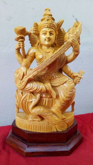 Saraswati Cedar Wood Sculpture Hindu Goddess Devi Saraswathi Handcarved Statue
