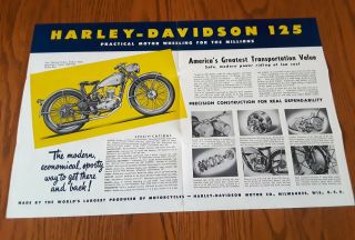 Vintage 1950 Harley - Davidson 125 Motorcycle Sales Brochure - Opens To Poster