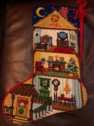 Vintage Needlepoint Christmas Stocking Noel Completed Rare