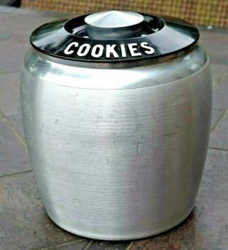 Vintage Kromex Spun Aluminum Black Top Cookies Canister Jar Fantastic