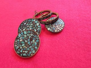 Vtg Turquoise Inlay Mosaic Brass Buttons Earrings Rings Charm Craft Boho Hippy
