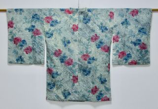 Japanese Kimono Silk Haori Coat / Indigo Blue / Flower / Silk Fabric /389