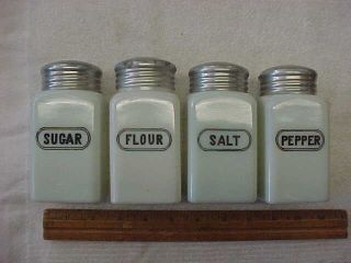 Vintage 4 Range Top Set Milk Glass Shakers Salt Pepper Flour Sugar Depression