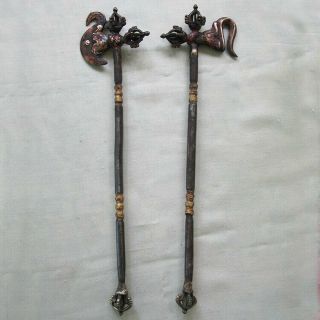 Large Tibet Tantric Ritual Axes Pa With Skulls Faces Dorjes Copper Brass