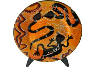 Australian Souvenir 7.  5 " Display Plate & Stand Aboriginal Art Australia Orange