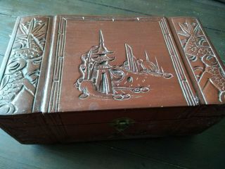 Vintage Hand Carved Wood Jewelry Box Oriental Asian