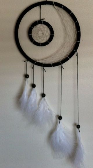 Cherokee Handmade Dream Catcher,  22 " Black & White,  Feathers,  Wood Beads