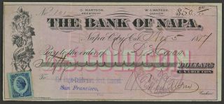 1877 Bank Of Napa California Check - Payable In Gold Coin Revenue Stamp