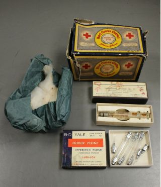 Vintage Medical Supplies,  Johnson & Johnson Red Cross Cotton,  Syringe,  Needles