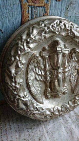 Rare Antique French Repousse Church Plaque Wings & Timer C1880