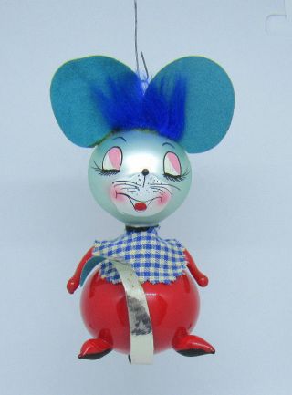 Vtg 1960s 70s Hand Blown Glass Hand Painted Mouse Christmas Ornament 4 1/2 " Tall