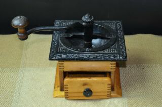 Antique Coffee Mill/grinder - Solid Wood Box & Cast Iron Lid/top