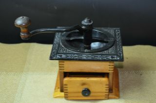 Antique Coffee Mill/Grinder - Solid Wood Box & Cast Iron Lid/Top 2