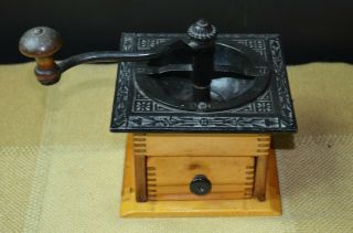 Antique Coffee Mill/Grinder - Solid Wood Box & Cast Iron Lid/Top 3