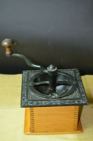 Antique Coffee Mill/Grinder - Solid Wood Box & Cast Iron Lid/Top 7