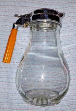 Large Bakelite Butterscotch Handled Glass Syrup Dispenser,  Pitcher,  Jug,  Vintage