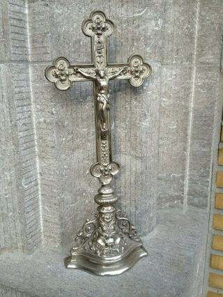 Antique France Pedestal Ornate Art Nouveau Altar Standing Cross Crucifix Jesus