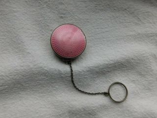 Vintage Antique Silver Pink Enamel Guilloche Round Pill Box W/ Fob 4