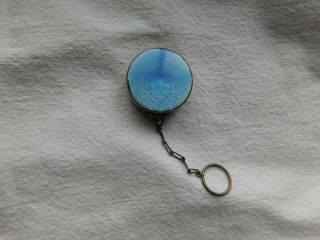 Vintage Antique Sterling Silver Blue Enamel Guilloche Round Pill Box W/ Fob 3