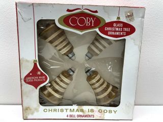 4 Vintage Coby Glass Christmas Bell Ornaments White Mica Stripe Set Of 4