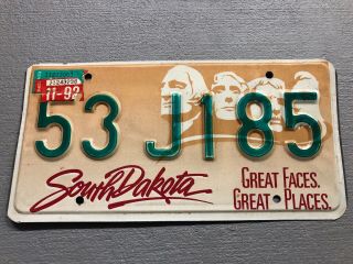 South Dakota License Plate Great Faces Mt.  Rushmore 53 - J185 1992 Sticker