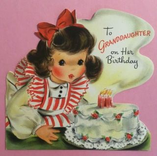 Vtg Mid Century Girl In Candy Striped Pinafore Glittered Bday Cake Birthday Card