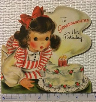 VTG MID CENTURY GIRL IN CANDY STRIPED PINAFORE GLITTERED BDAY CAKE BIRTHDAY CARD 4