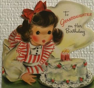 VTG MID CENTURY GIRL IN CANDY STRIPED PINAFORE GLITTERED BDAY CAKE BIRTHDAY CARD 5