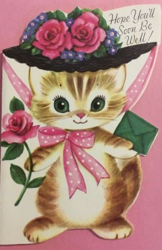 Vintage Mid Century Die Cut Marjorie Cooper Kitty In Hat Greeting Card